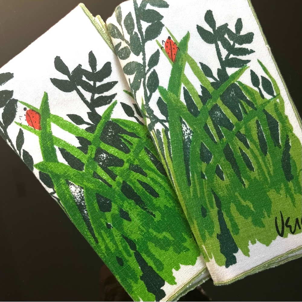 Vera Neumann Green and White Ladybug Linen Napkins (2)/Mid Century Modern
